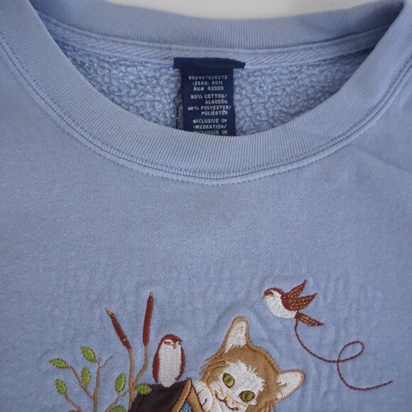 Vintage Basic Editions Blue Cat Birdhouse Embroidered Sweatshirt Cottagecore M - Picture 10 of 10